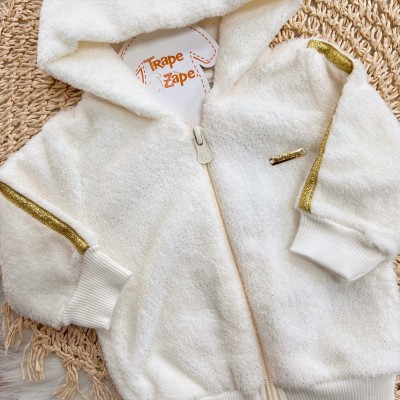 Conj. Jaqueta com Listras Douradas e Calça de Pelinho - Off White